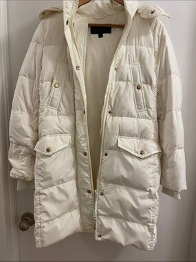 J. Crew Cream Long Quilted Puffer Coat with Hood